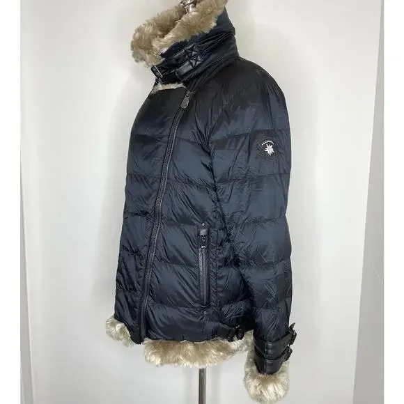 Alp N Rock Duck Down Puffer Coat Faux Fur Womens Large Black Long Buckles Jacket - Picture 6 of 13